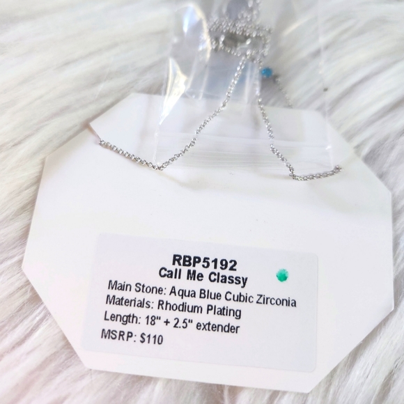 NWT Bomb Party "Call Me Classy" Aqua Blue CZ Rhodium Plated 18" Necklace - Picture 4 of 5